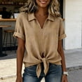 thumbnail image 3 of Ecqkame Womens Summer Tops Short Sleeve Cotton Linen Turndown Collar Tie Hem Shirts Casual Solid Color Lightweight Pullover Blouses Khaki XXXL, 3 of 5