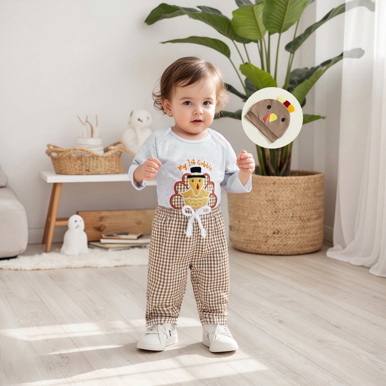 Mezzall Kids Thanksgiving Baby Boy Outfits Fall Turkey Applique Long Sleeve Jumpsuit Plaid Pants Hat for Toddler Autumn Photoshoot Solid Color