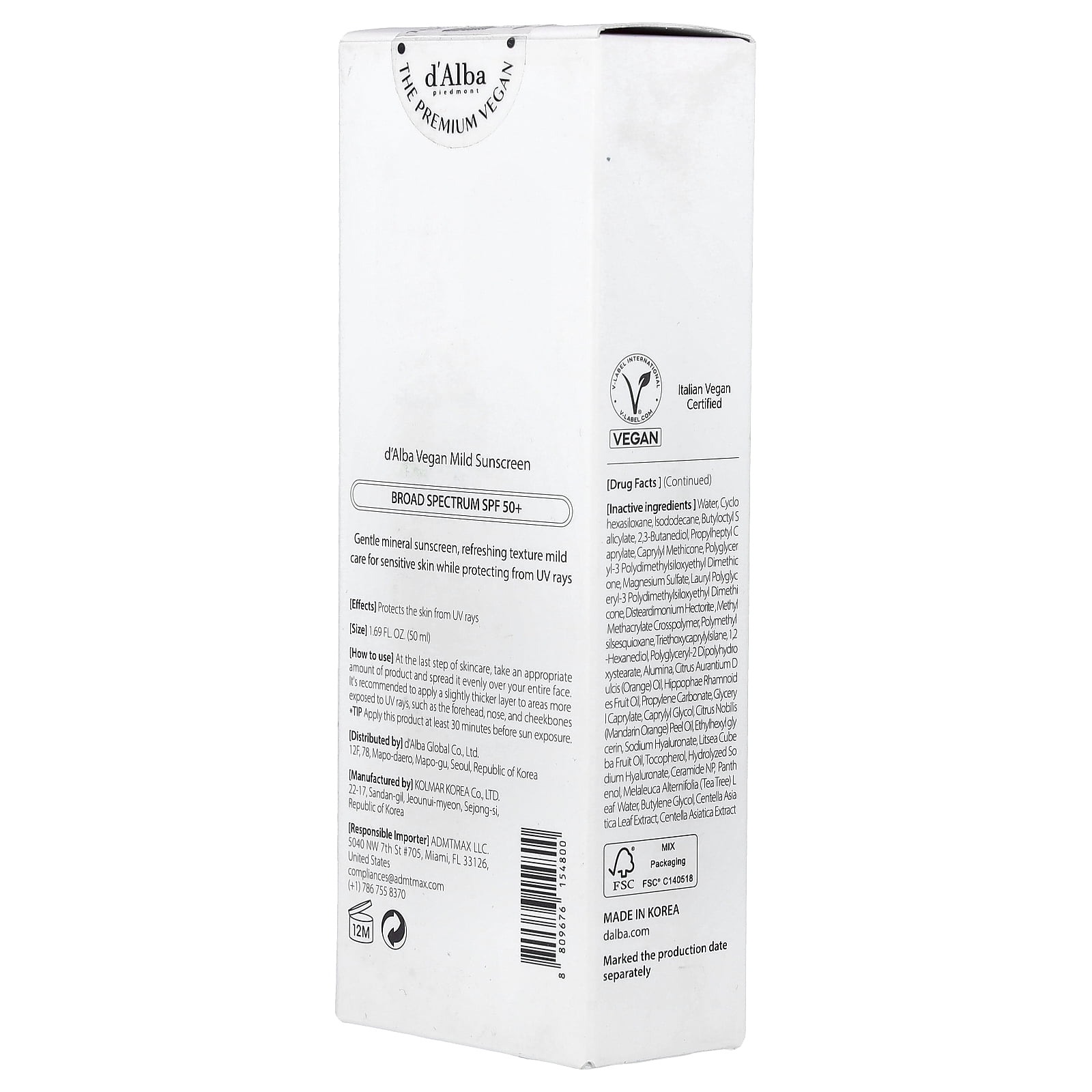 d'Alba UV Essence Waterfull+ Sunscreen, Mild, SPF 50+, 1.69 fl oz (50 ml)