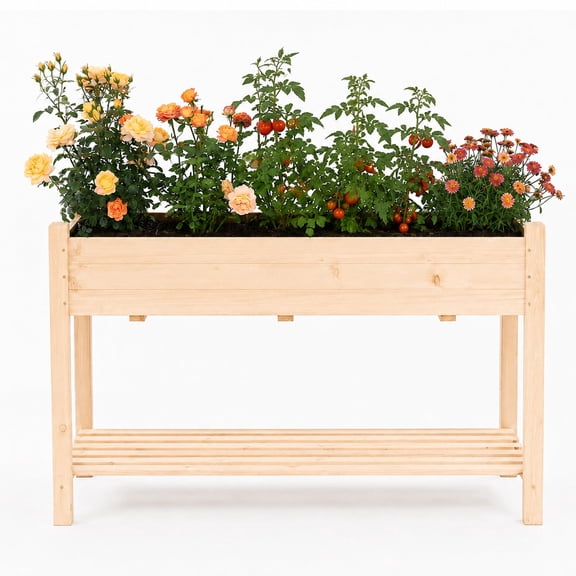 ScienGarden Raised Garden Bed Outdoor, 50-Inch Fir Wood Elevated Planter Box with Liner & Storage Shelf, Raised Bed Planter for Vegetables, Herbs, Flowers, Patio, Balcony, Backyard