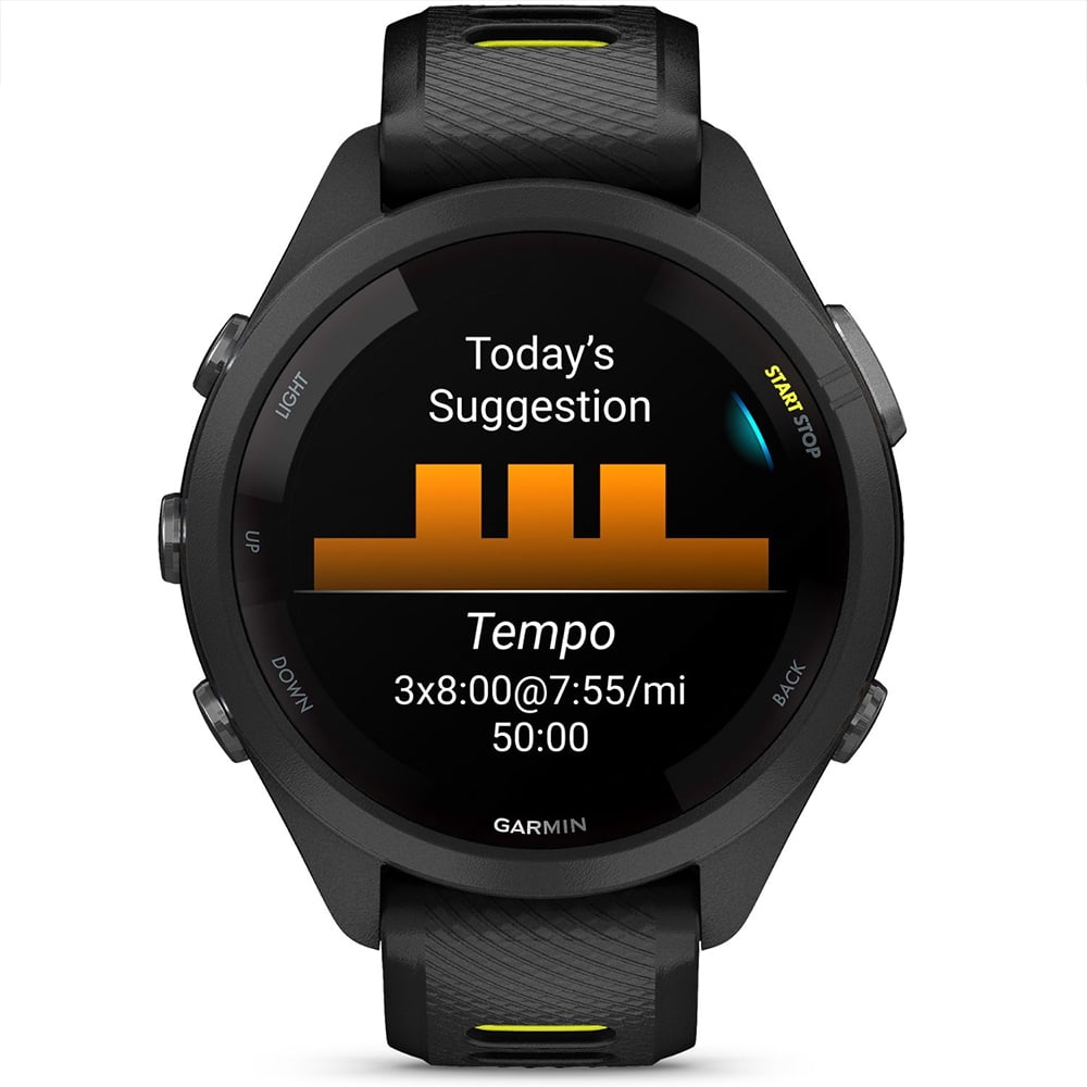 Garmin Forerunner 265S GPS Smartwatch, Black/Amp Yellow 010-02810-03 Bundle with Deco Essentials 3x 18mm Metal Bands, 3x Silicone Dust Cover and 2x Screen Protector