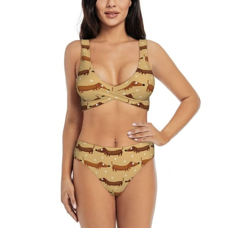 Bathing Suit For Women  Dachshund Dog Puppy No.1049 High Waisted Bikini Set Bathing Suit Cross Lace Up Swimsuit