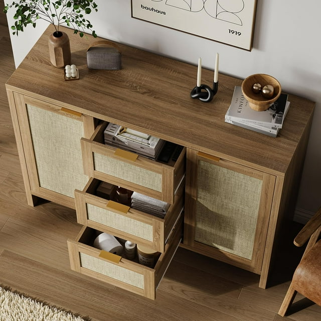BeesClover 47" Rattan Buffet Sideboard Cabinet with Storage, Large Wooden Accent Table Adjustable Shelves for Farmhouse Entryway/Living Room/Kitchen(Oak)