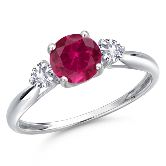 Gem Stone King 10K White Gold Red Created Ruby and White Created Sapphire 3-Stone Ring for Women | 1.26 Cttw | Round 6MM | Gemstone July Birthstone | Size 7