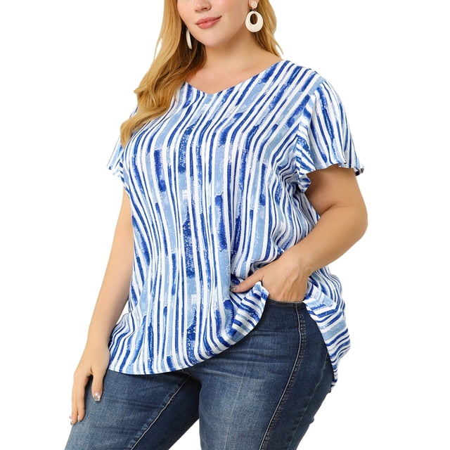 Women's Plus Size Blouses Ruffle Sleeve Loose Stripe Tops Blue 3X