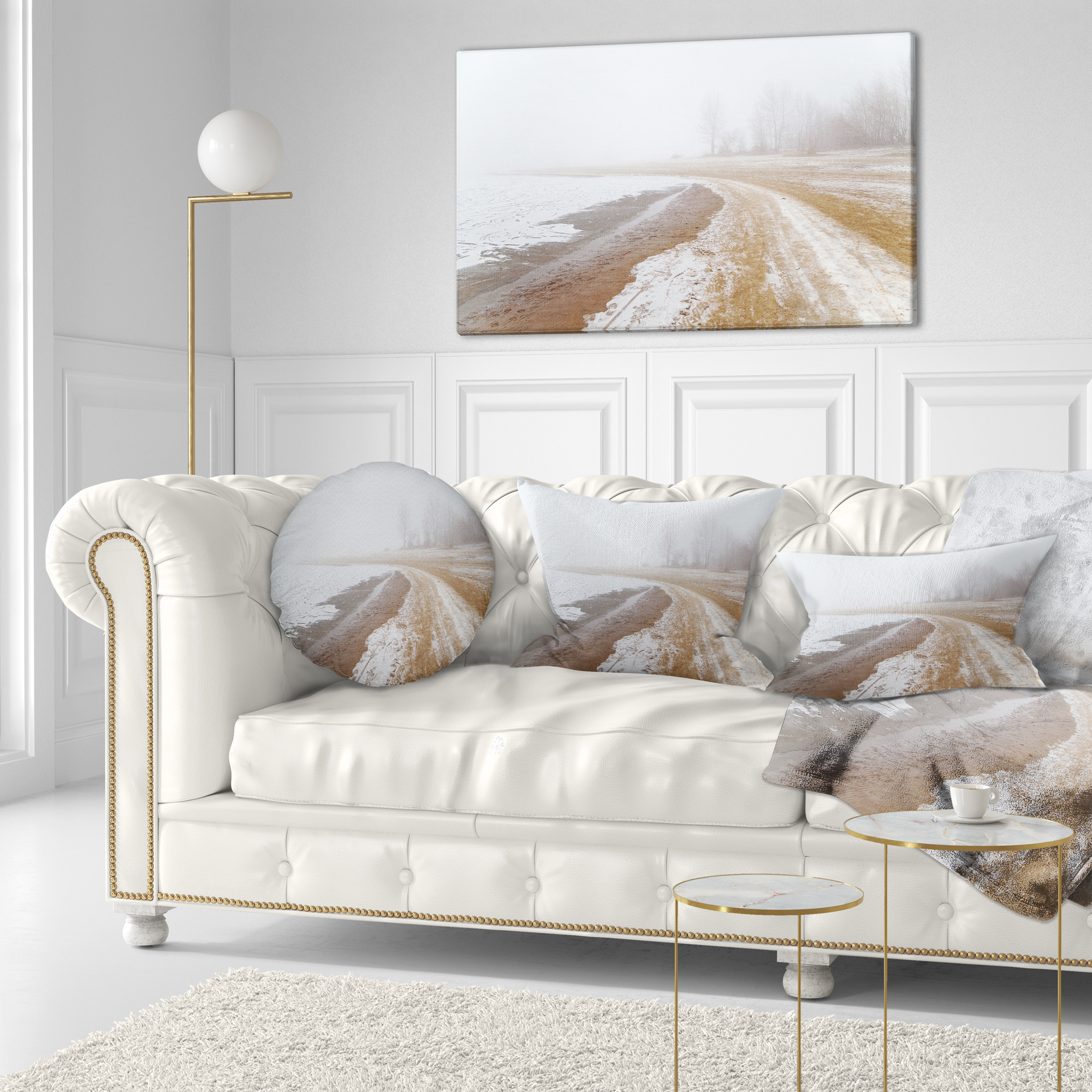 Designart Sandy Beach in the Winter Fog - Modern Seashore Throw Pillow - 12x20
