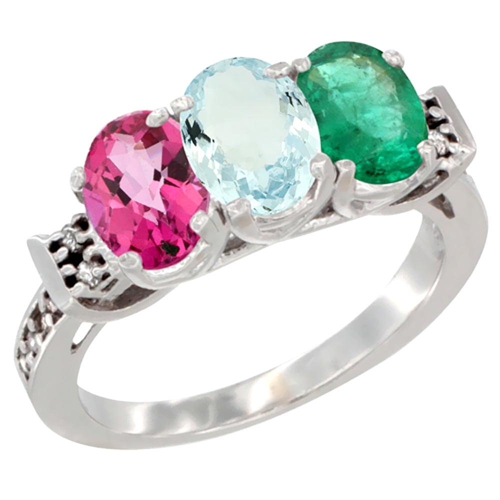 14K White Gold Natural Pink Topaz, Aquamarine & Emerald Ring 3-Stone 7x5 mm Oval Diamond Accent, sizes 5 10 by WorldJewels