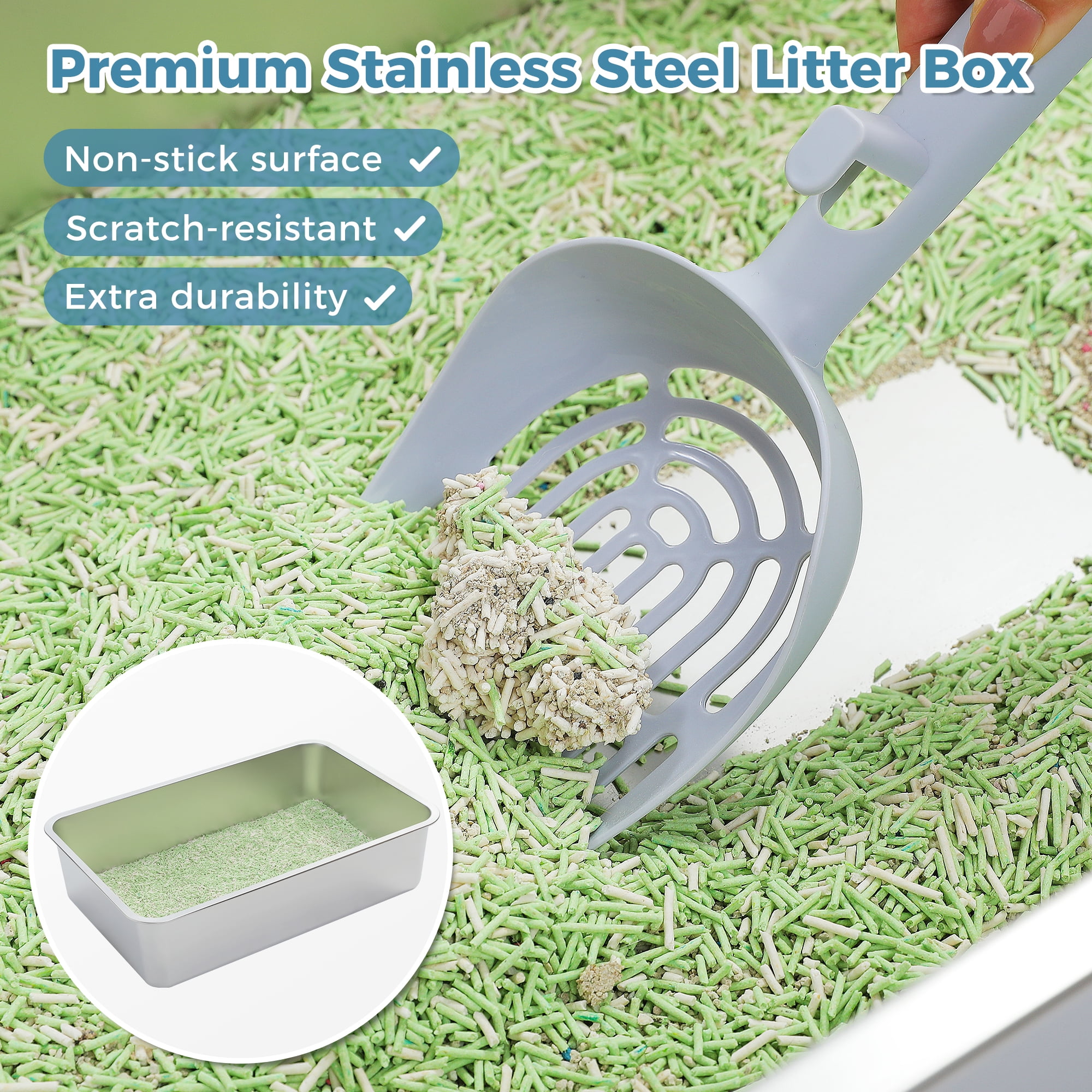 PAWZ Road 304 Stainless Steel Litter Box with Lid Large Cat Litter Box with Scoop, Enclosed, Easy Clean, Odor Control