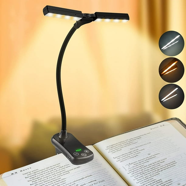 Lampe de Lecture Double Tête 14 LEDs, Liseuse Lampe Clip USB Rechargeable,  Lumière du Livre 360°Cou Flexible, 3 Couleur& Gradation Progressive