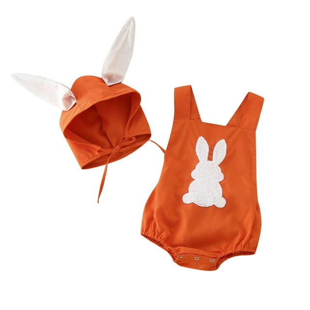 MIASHUI Baby Clothes Boys Girls Sleeveless Easter Rabbit Embroider Romper Bodysuits Hat Set in orange, designed for 3-6 months old infants. The set includes a sleeveless romper with a white embroidered rabbit design on the back and a matching orange hat with white bunny ears. Made from soft, breathable material, it is suitable for boys and girls, perfect for occasions like Easter, birthdays, or family gatherings. The romper features snap closures for easy diaper changes.