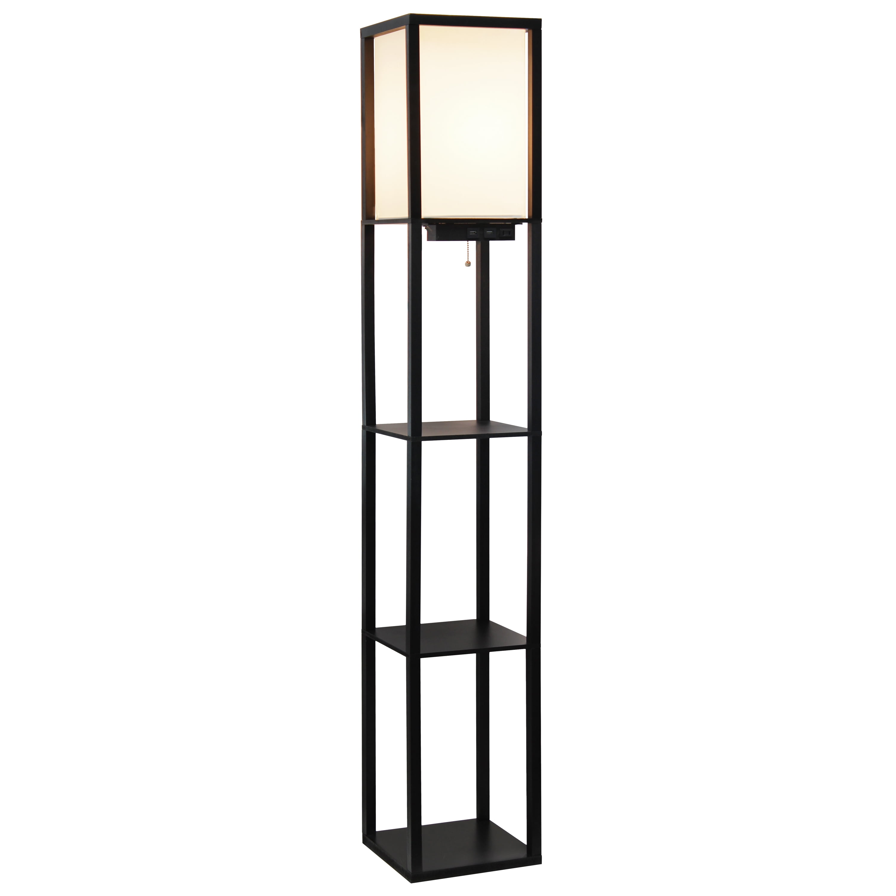 Simple Designs 62.5" 3-Shelf Etagere Floor Lamp with USB, Outlet & LED Bulb, Black