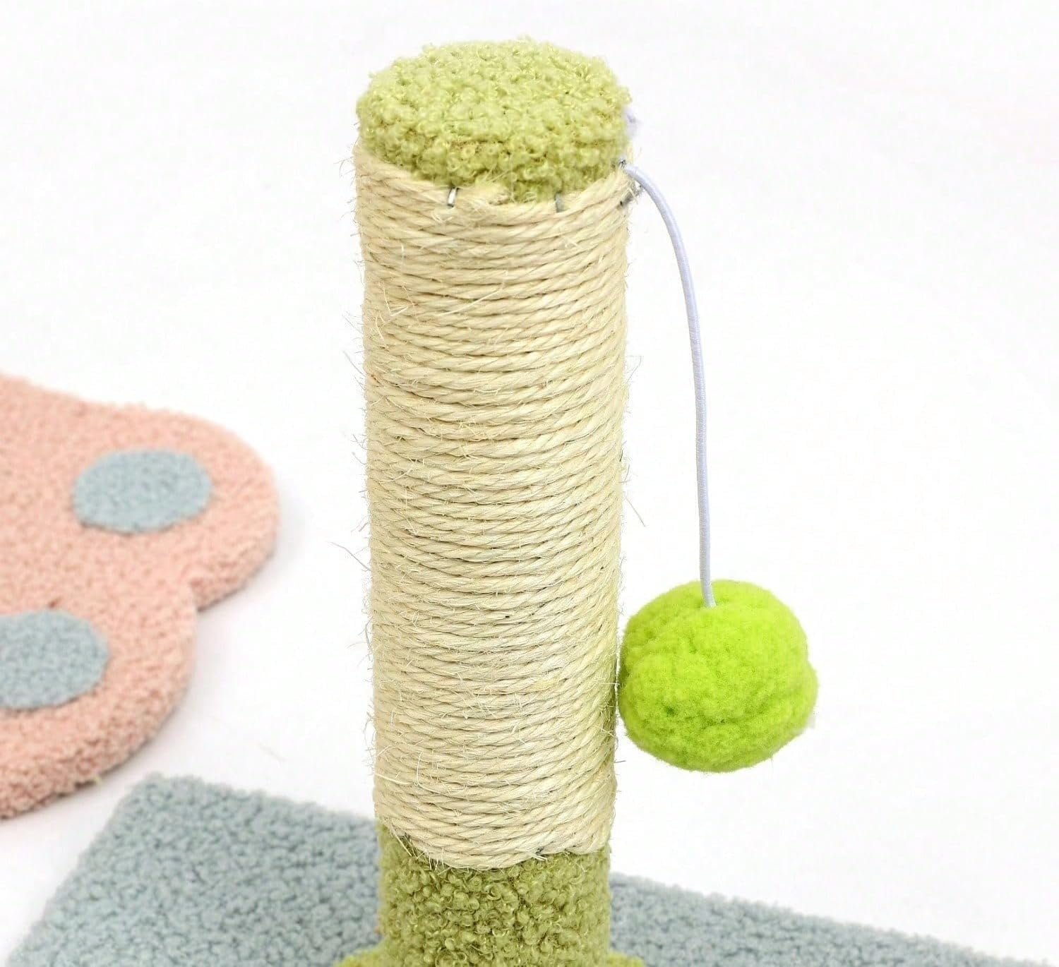 Cat Scratching Tower, Cute Paw  Flower Design Post with Pom Ball Toy, Soft Carpet Base (Pink)