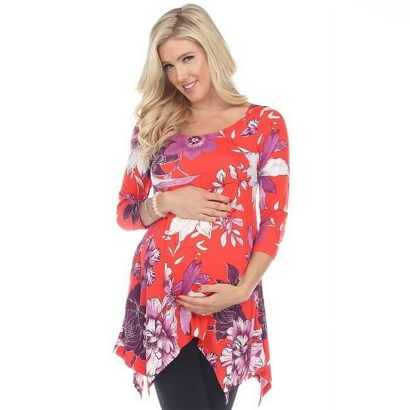 MTR1301-57-S Red & Purple Maternity Floral Scoop Neck Tunic Top with Pockets - Small
