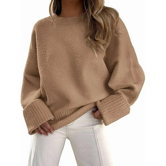 PRETTYGARDEN Women's Fall Oversized Sweaters Casual Crewneck Pullover Long Sleeve Fuzzy Chunky Knit Tops Blouse、