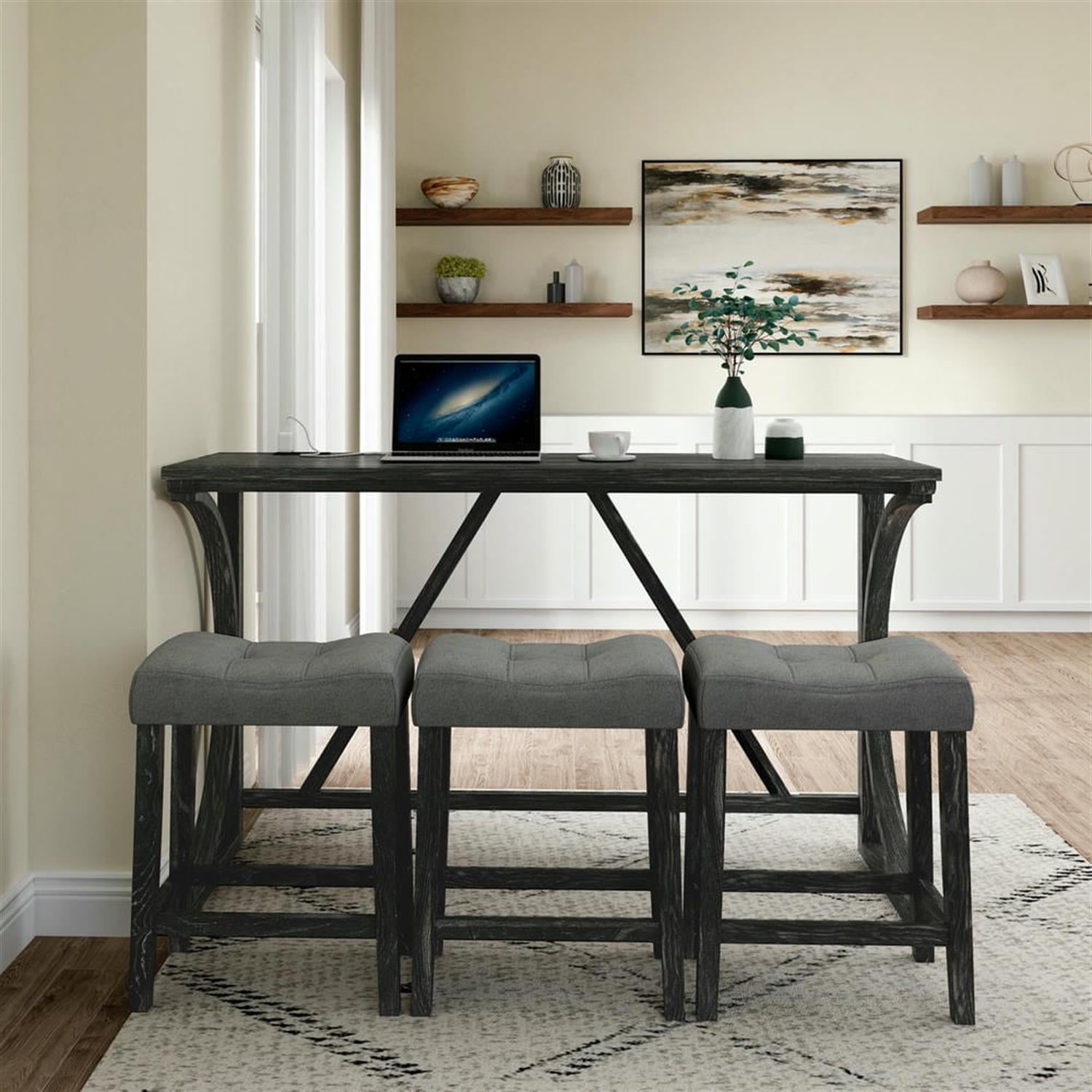 Demi Bonn 4-Piece Dining Table Set with 3 Upholstered Bar Stool and Power Outlets,dustrial Kitchen Bar Table Furniture Sets for Living Room, Apartment, Black