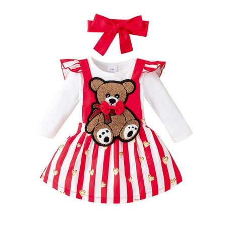 

Shuttle tree Baby Girl 3 Piece Set Long Sleeve Romper + Bear Embroidery Appliques Patch Striped Suspender Skirt + Red Bow Headband Outfits