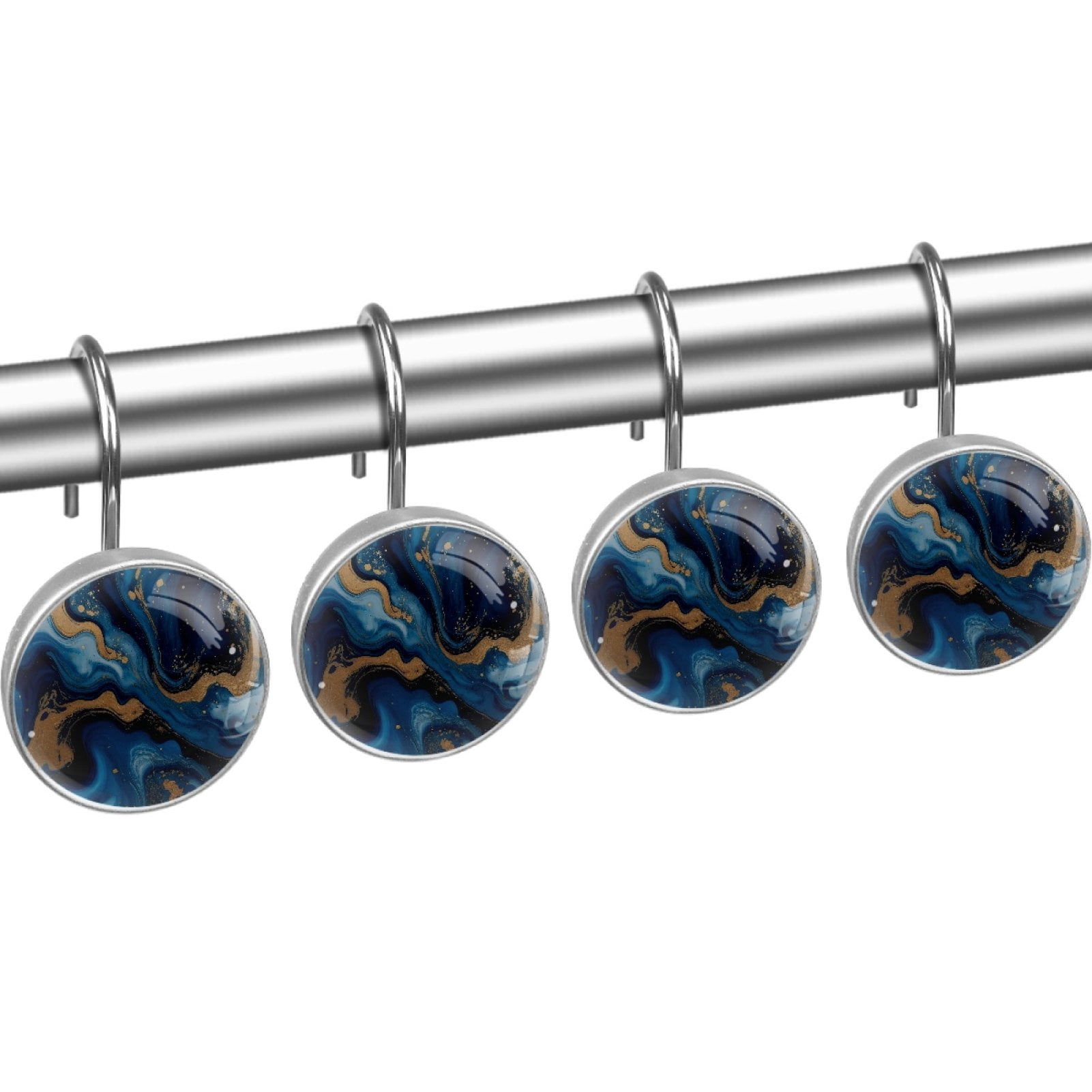 Blue Gold Abstract Marble 12 Pack Shower Curtain Hooks, Decorative Shower Rings for Shower Curtain Rods, Stainless Steel, Rust Resistant, Round Curtain Hooks for Bathroom
