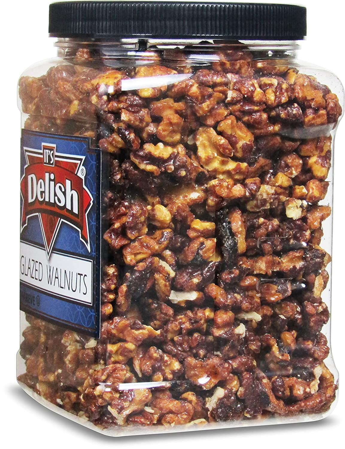 Gourmet Glazed Walnuts by Its Delish, 30 Oz Jumbo Reusable Container Jar  Vegan, Kosher, Non-GMO, No Artificial Flavors  Healthy Protein-Packed Lightly Sweetened Walnuts for Dessert, Baking,...