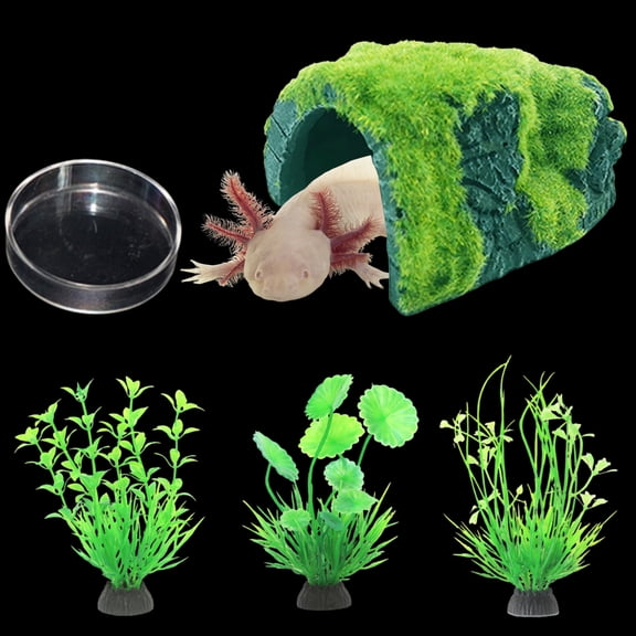 ABEL CRAFTS Axolotl Tank Décor Large Hideout Aquatic Habitat Aquarium Plant Decoration Bundle, with Accessories Included, Clear, 4 Count