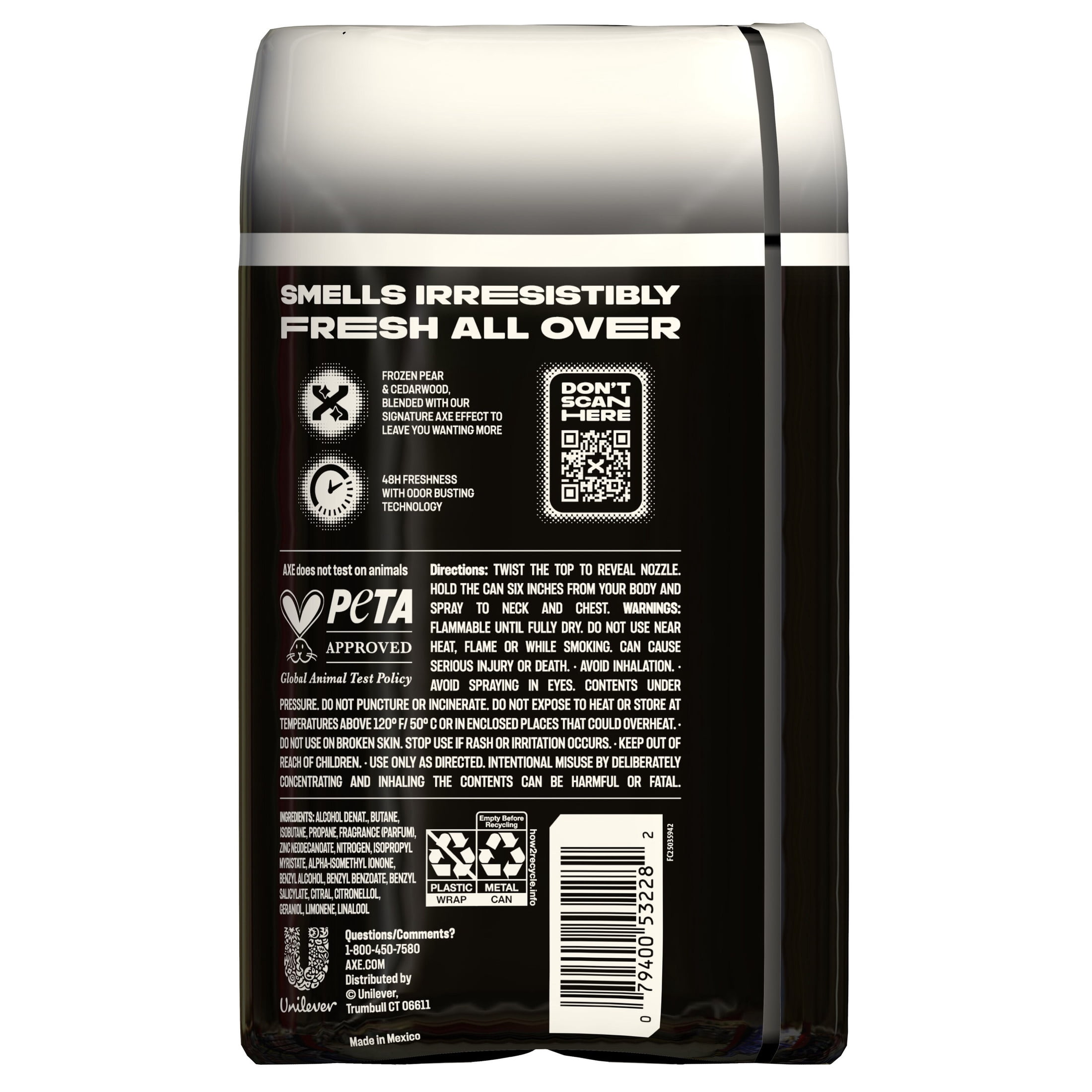 AXE Body Spray 48 Hour All Over Fresh Black Aluminum Free ,3.9 oz Twin