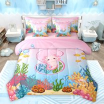 Feelyou Kawaii Ocean Axolotl Bedding Comforter Set 7 Pieces for Teens, Initial S Letter Full Bedding Set, Dreamy Marine Animal Reversible Fitted Sheet Flat Sheet, Breathable Home Decor