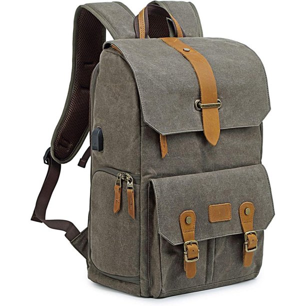 Mochila para cámara Tela de lino de lona impermeable y mochila DSLR de cuero real Mochila para computadora portátil de 15.6 pulgadas, mochila fotográfica para accesorios de cámara y deportes al aire libre Viajes gris Zhivalor OTTO-WX-0644