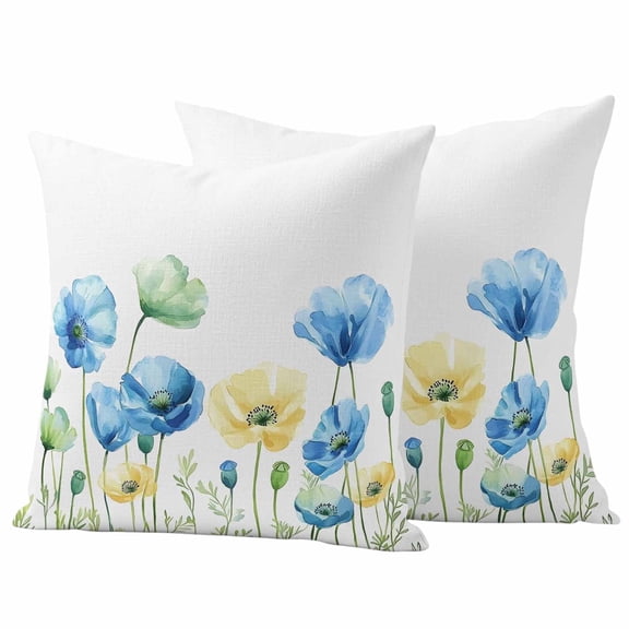 2 Pack Outdoor Waterproof Throw Pillow Covers,Watercolor Flower Blue Yellow Poppy Decorative Square Patio Pillowcases for Chair Couch Sofa 16x16in