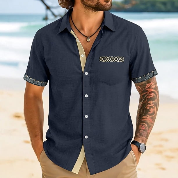 Blusa y camisa de manga corta con cuello vuelto Camisa de verano con estampado de patchwork para hombre con cuello en contraste Camisa de manga corta informal para hombre Top/camisa de manga corta con