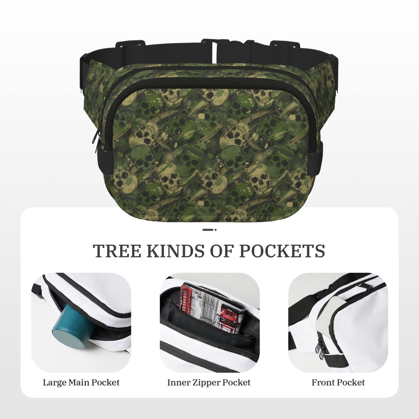 Rateoe Green Camouflage Skull Print Fanny Pack Belt Bag for Women and Men, Square Double-Layer Waterproof Waist Pack with Adjustable Strap for Hiking, Jogging, Cycling