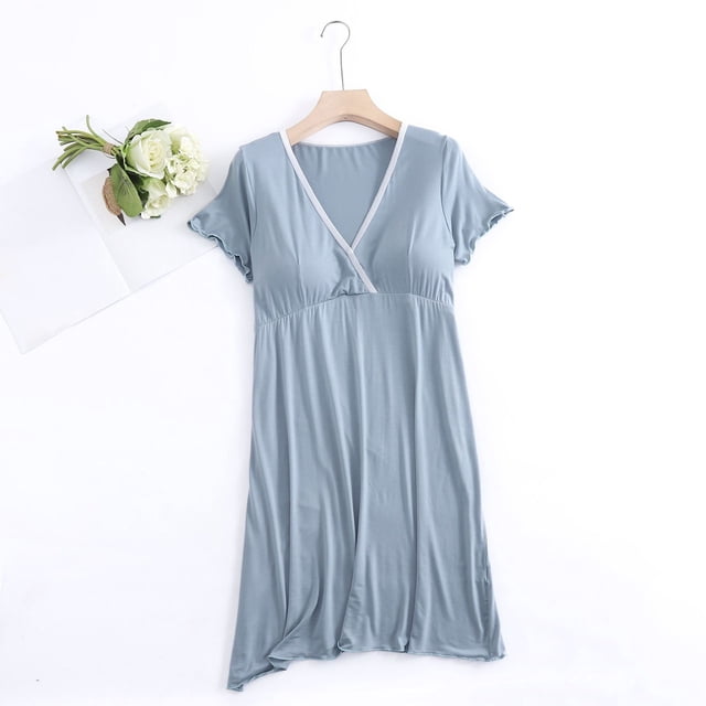 Prix Réduit, Vêtements Post-Partum à Manches Courtes pour Femmes Enceintes, Robe de Maternité Confortable pour l'Allaitement à la Maison Confortable et Soutenante/20 % Modal, 40 % Coton, 40 % Polyester, Bleu