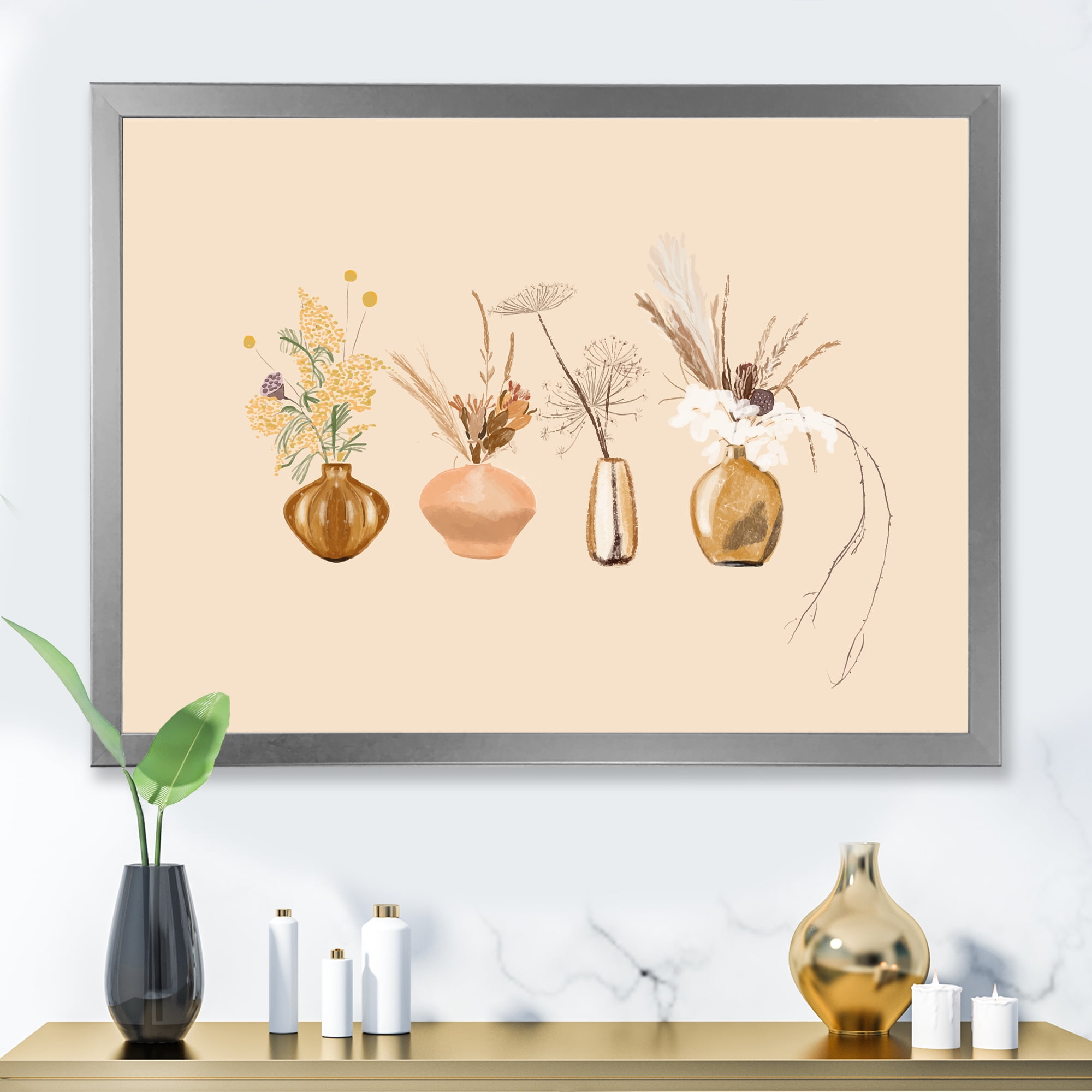 Designart 'Gold Vases With Bouquets Of Wildflowers II' Traditional Framed Art Print
