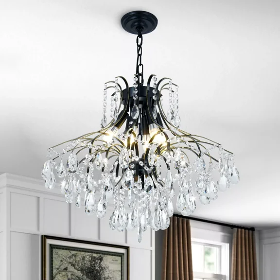 LUOLAX 24" Elegant Tassels Crystal Chandelier Modern Black Rain Drop Crystal Lighting