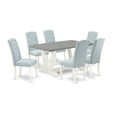 thumbnail image 2 of East West Furniture 7-Pc Modern Dining Set- 6 Dining Padded Chairs with Baby Blue Linen Fabric Seat and Button Tufted Chair Back - Rectangular Table Top & Wooden Legs - Cement and Linen White Finish, 2 of 10