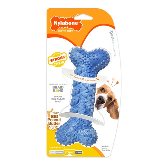 Nylabone Strong Chew Braid Bone Dog Toy, Rubber Dog Chew Toy, Peanut Butter Flavor, Medium, 1 Count
