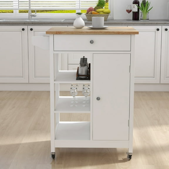Euroco Kitchen island rolling trolley cart with Adjustable Shelves and towel rack rubber wood table top