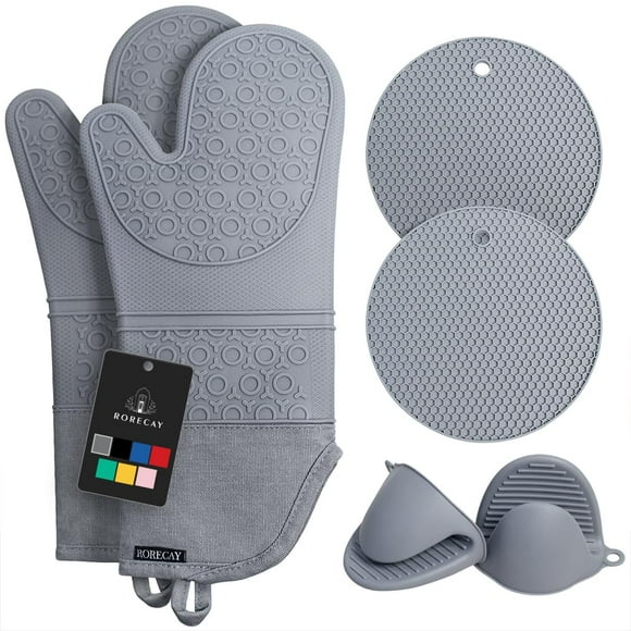 Juego de guantes y soportes para ollas Rorecay, silicona, 500 °C, color gris