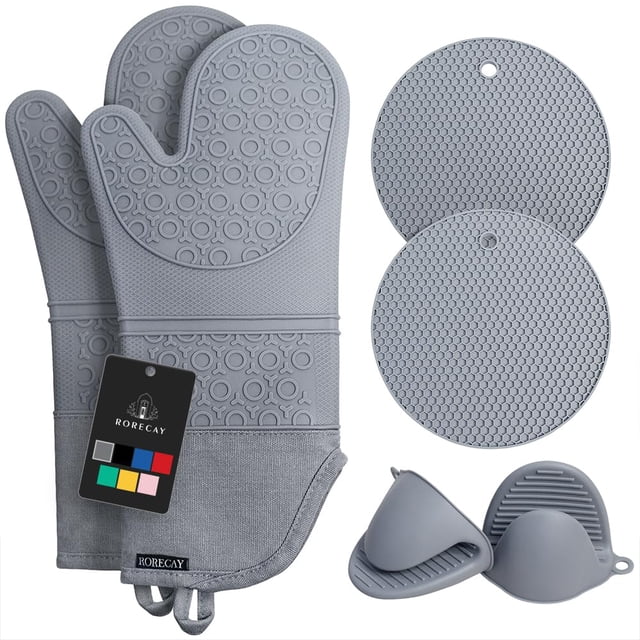 Juego de guantes y soportes para ollas Rorecay, silicona, 500 °C, color gris
