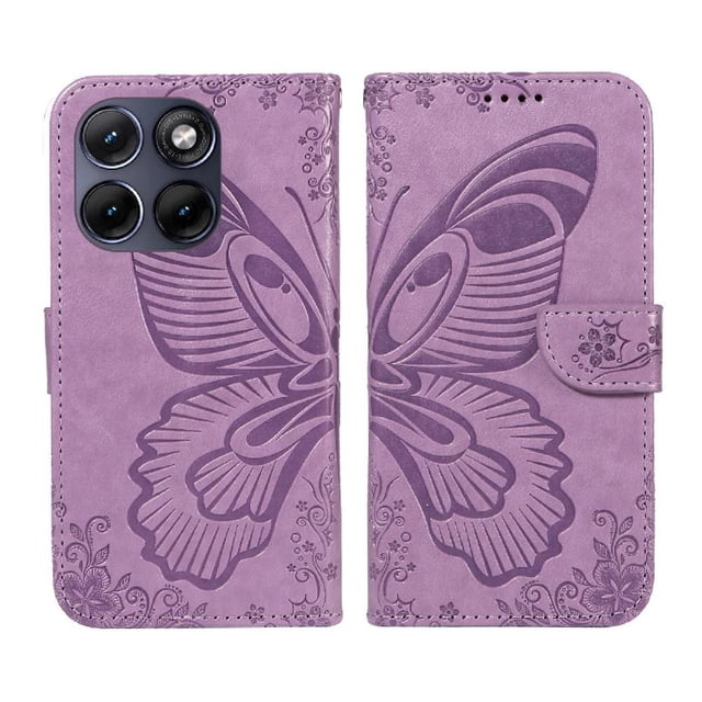 Wallet Case for Motorola Edge 70 Fusion Embossed Butterfly with Strap & Stand Purple