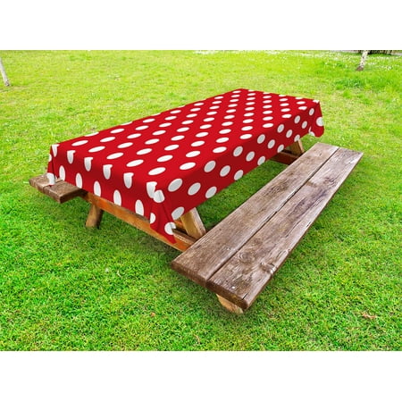 Retro Outdoor Tablecloth, Vintage Polka Dots with Big White Circular Round Forms Nostalgic Girlish Kitsch Art Design, Decorative Washable Fabric Picnic Table Cloth, 58 X 84 Inches,Red, by Ambesonne