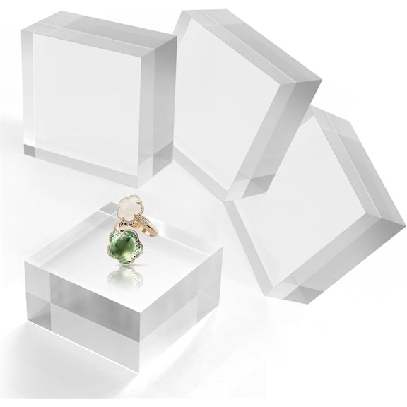 NOGIS 4 Pcs Clear Acrylic Blocks Square Display Block Clear Polished Cube Acrylic Jewelry Display Stand Ring Showcase Holder Base (2 x 2 x 1 Inch)