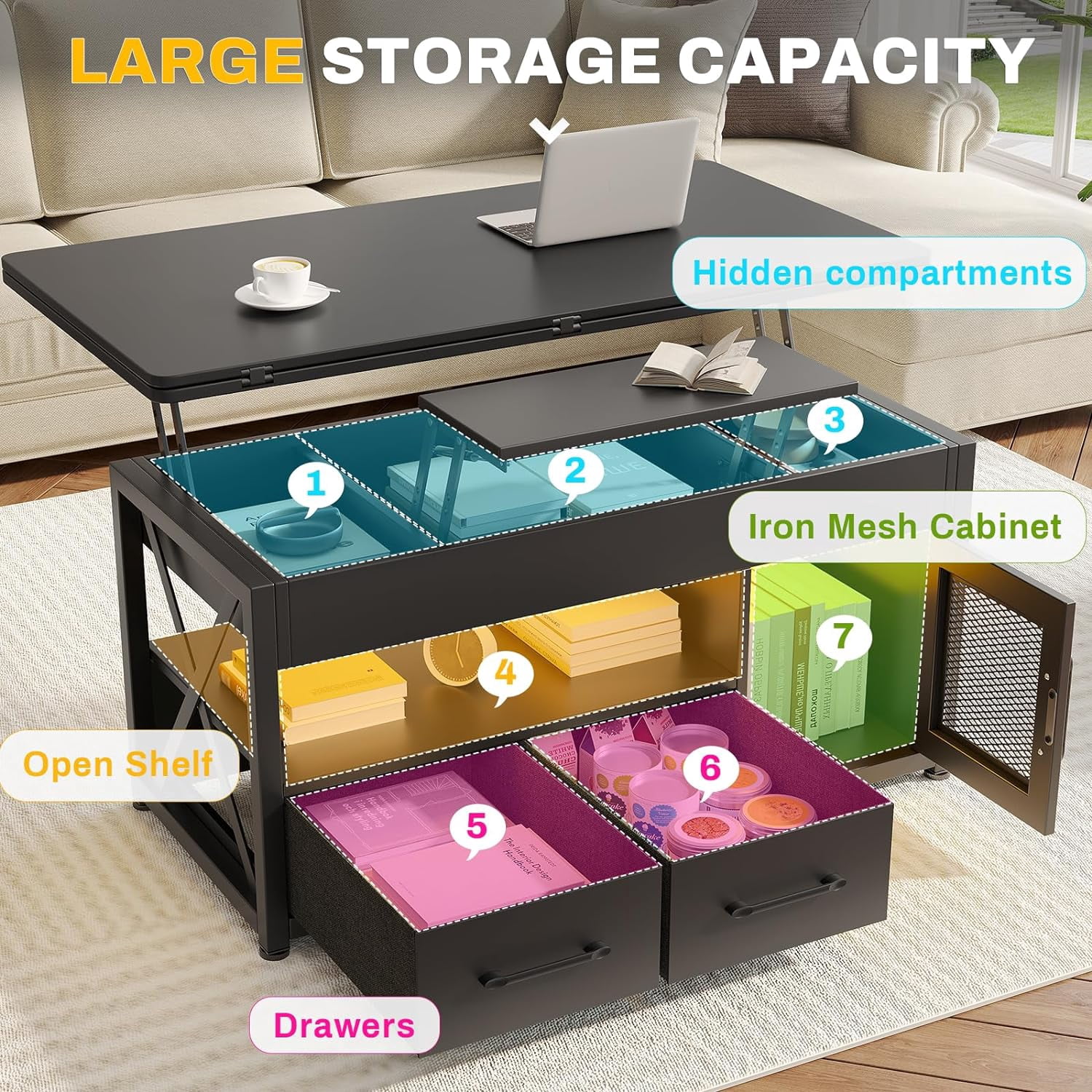 40" Lift Top Coffee Table, 4 in 1 Coffee Tables with Storage Cabinet for Living Room, Small Farmhouse Coffee Table with 2 Fabric Drawers & LED Light for Dining Room, Black