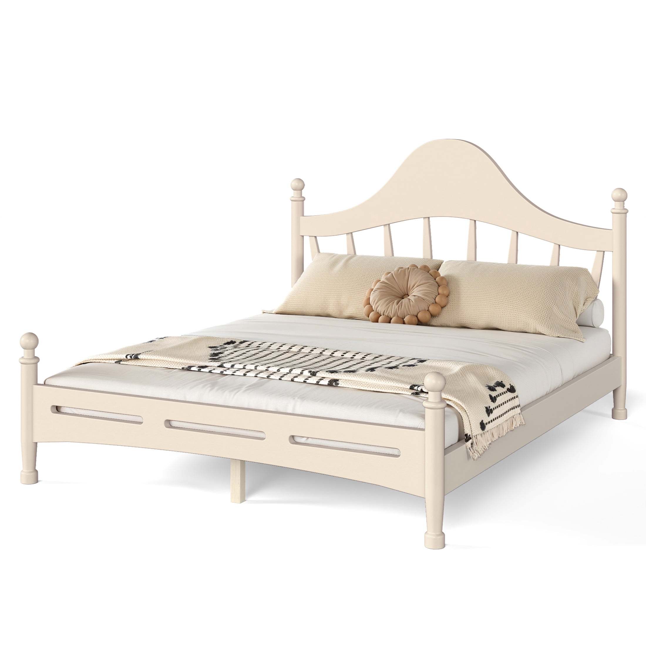 GDF Studio Queen Size Platform Bed with Curved Headboard, Solid Pine Frame, Slatted Support, Beige