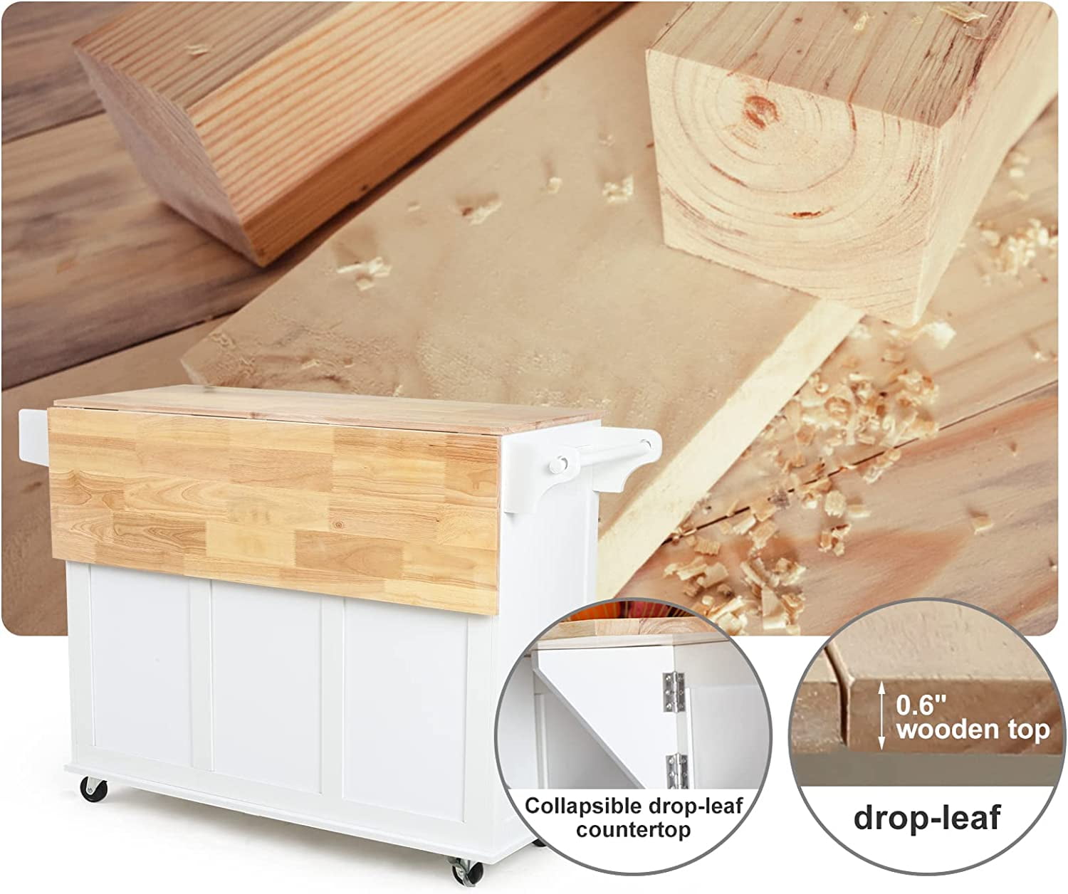 Homrest Kitchen Island with Drop Leaf,Kitchen Cart Rolling Mobile Island with Wooden Countertop, Spice Rack,Adjustable Shelves and Drawers, White