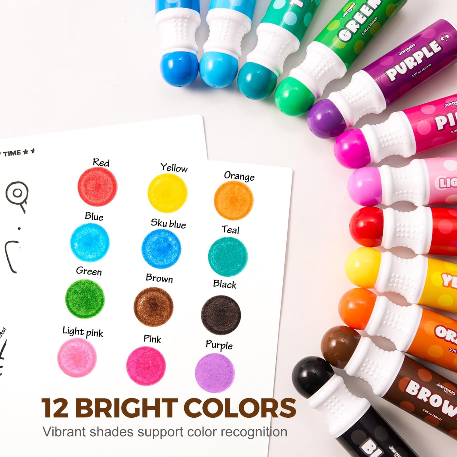 Jar Melo 12 Colors Washable Dot Markers Kit for 3-8+ Age Kids, Non Toxic Dot Paint Markers with 108 Free Pdf Activity Book & Physical Sheets 2.1 fl.oz