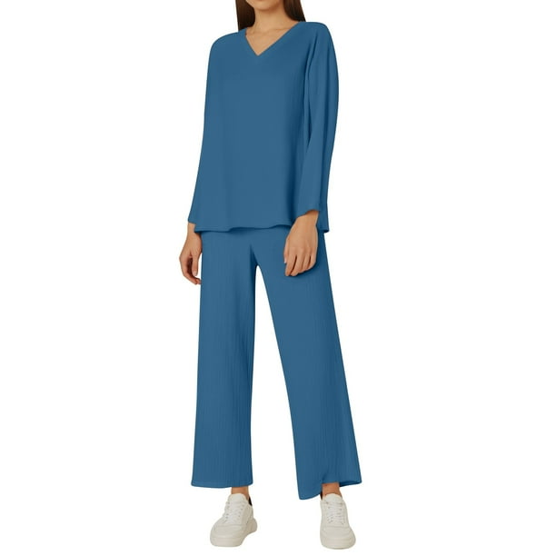Conjunto de dos piezas de lino de color liso con cuello en V para mujer - Tejido de poliéster - Estilo holgado e informal