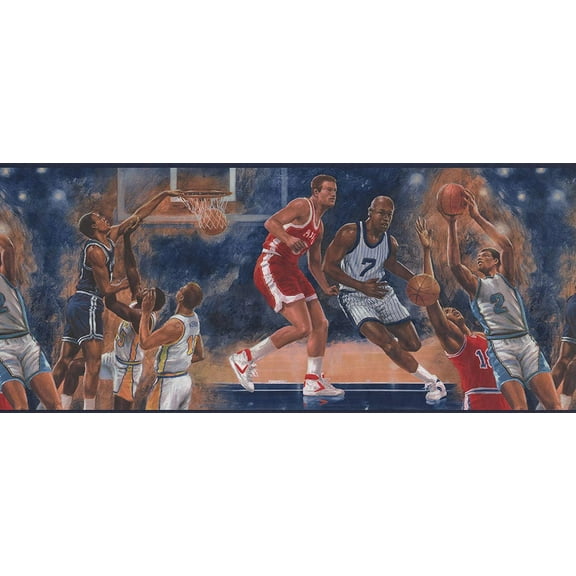 Concord Wallcoverings Retro Famous Basketball Game Wallpaper Border Featuring Athletic Basketball Players, Colors Orange Blue Red White and Brown, Size 10.25 Inches by 15 Feet IR2722B