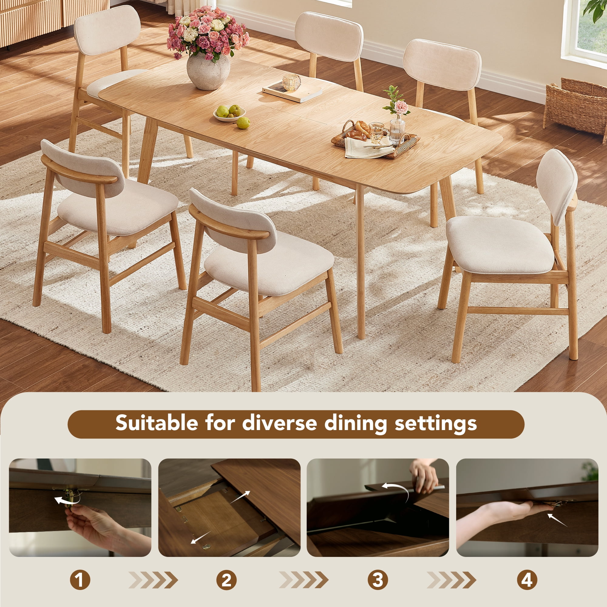 Spruce & Spring Modern Extendable Dining Table Set with Solid Rubberwood Tapered Legs, Scratch-Resistant Walnut/Oak Veneer Space-Saving Kitchen Table with Child-Safe Rounded Corners,Oak