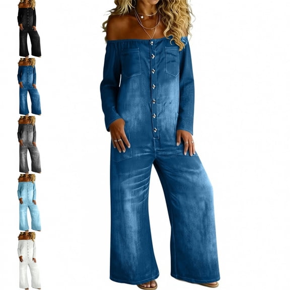 MLCDZ Denim Jumpsuit for Women Off Shoulder Long Sleeve Button Down Wide Leg Jean Overall with Pockets Casual Lightweight Trendy Outdoor Activities Romper