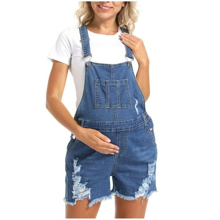 FAIWAD Maternity Overalls Denim Shorts Adjustable Buckle Straps Bib Loose Rompers Short Jean for Pregnancy