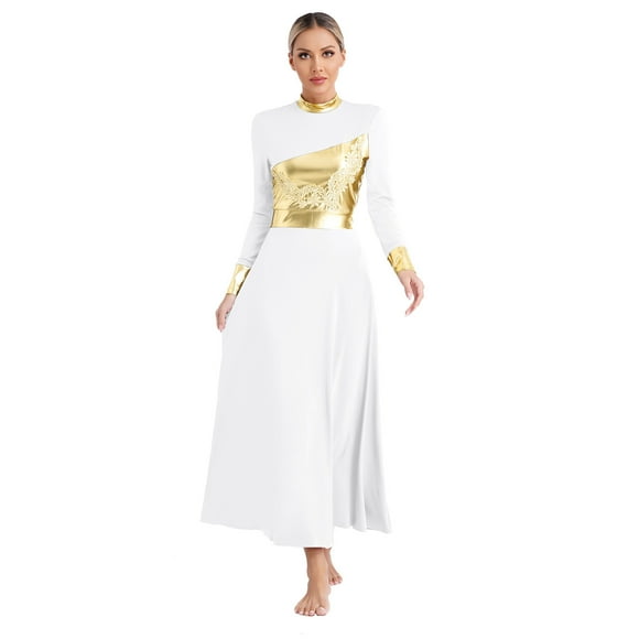 Linjinx Womens Liturgical Praise Dance Dress Metallic Color Block Worship Performance Dancewear White XXL